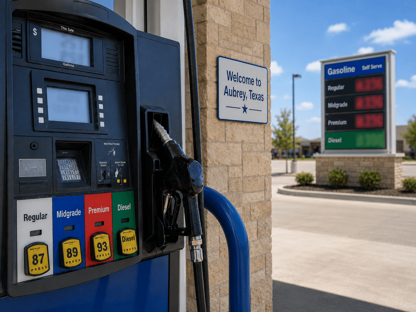 Gas prices at the pump in Aubrey Texas - Illustration by Jake Team LLC