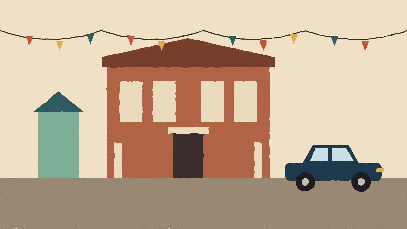 Small-town bank on festival day - illustration, Jake Team LLC
