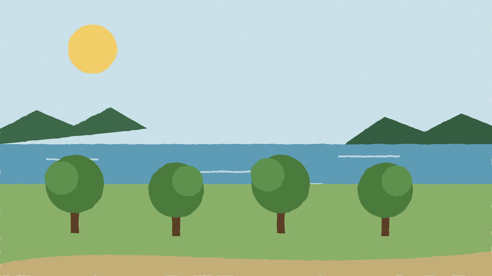 Pecan trees above a lake - illustration, Jake Team LLC