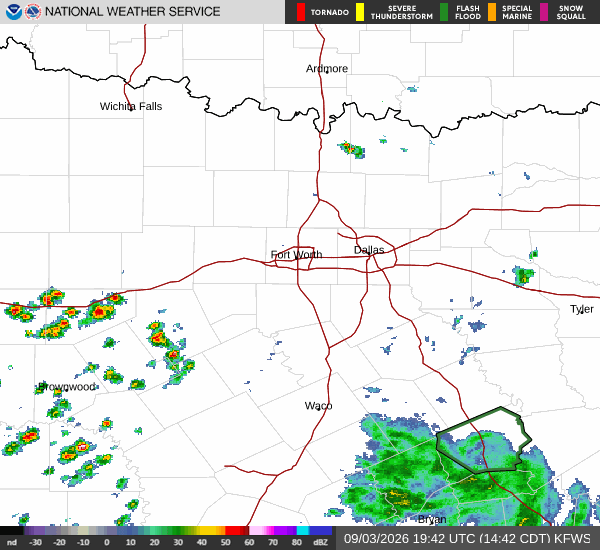 Latest National Weather Service radar for North Texas (KFWS radar). Source: radar.weather.gov.