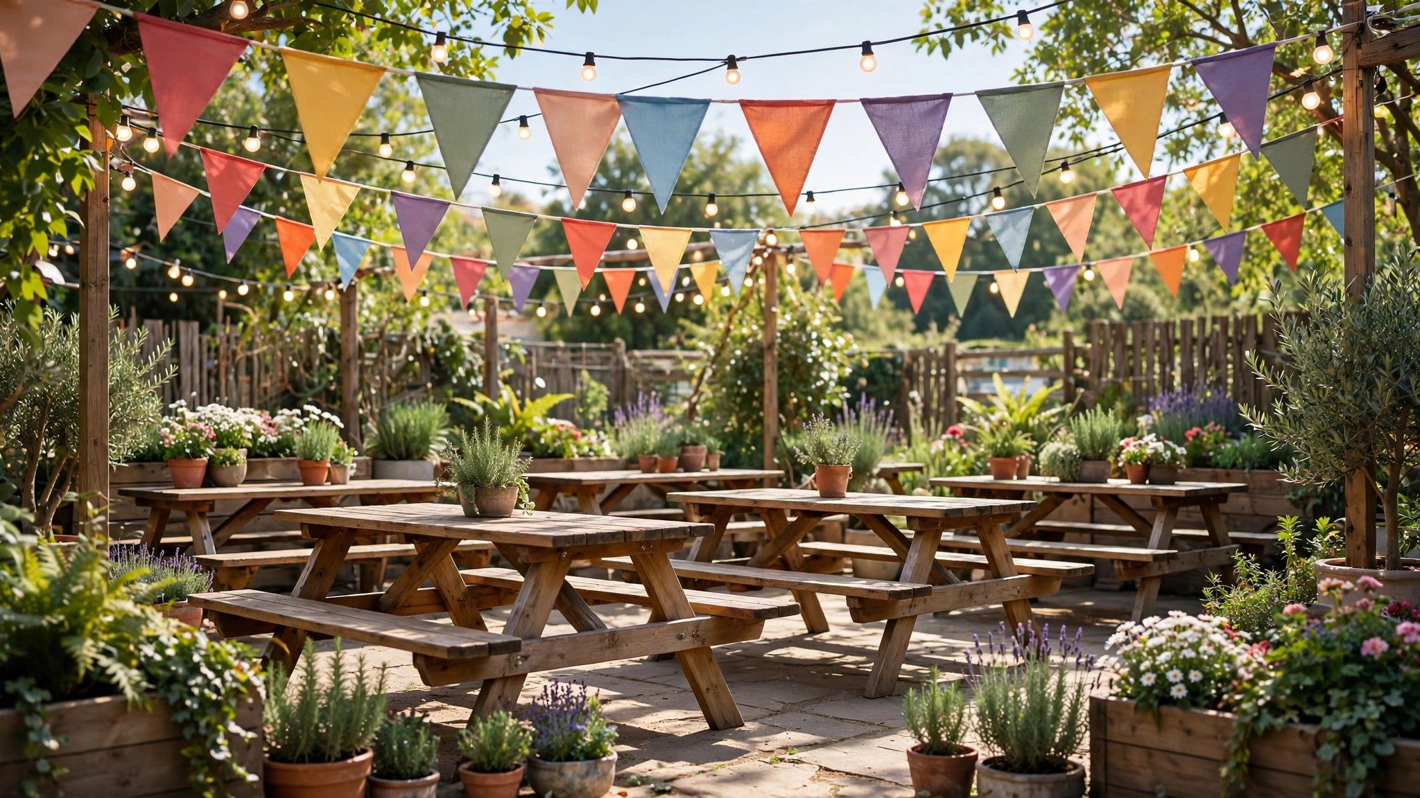Outdoor beer garden patio with festive bunting - illustration